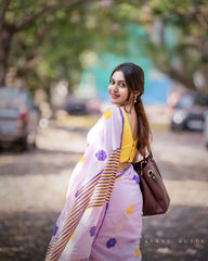Women's Cotton Linen Blend Saree | Trendy Light Pink Floral Motif Print Casual Sari with Striped Pallu & Unstitched Blouse Piece | Lightweight Summer & Daily Wear (Baby Pink, Yellow & Purple)