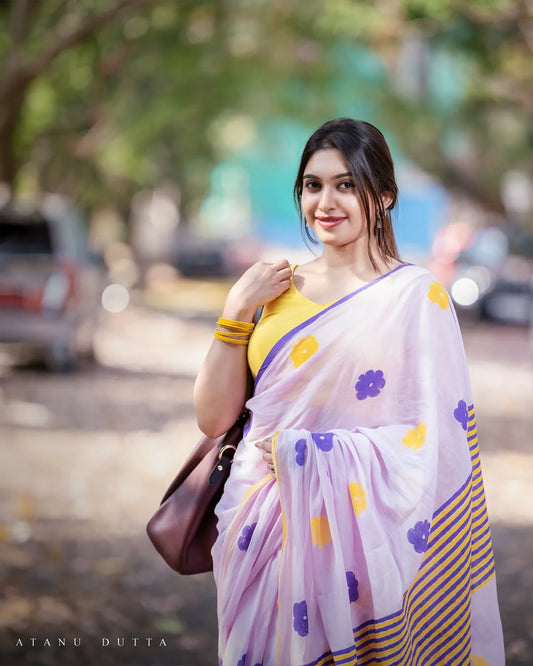 Baby Pink Floral Print Saree for Women