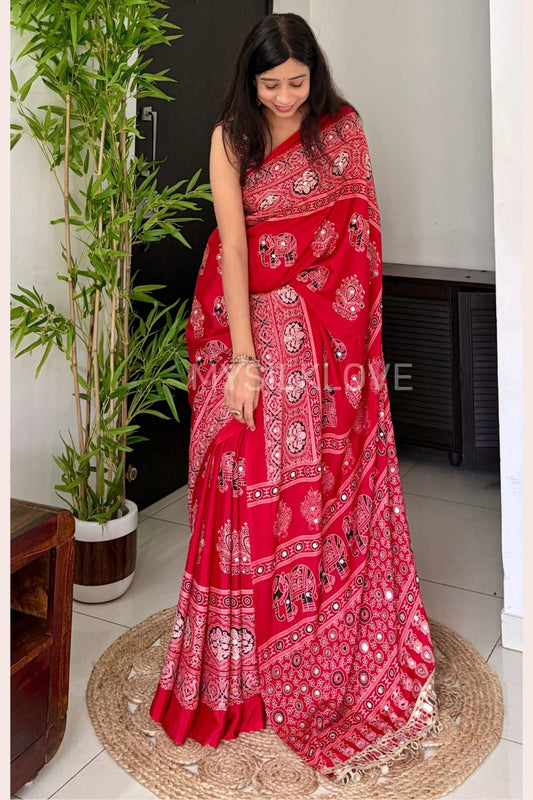 Royal Red Mirror Ajrakh Modal Silk Saree with Blouse Set