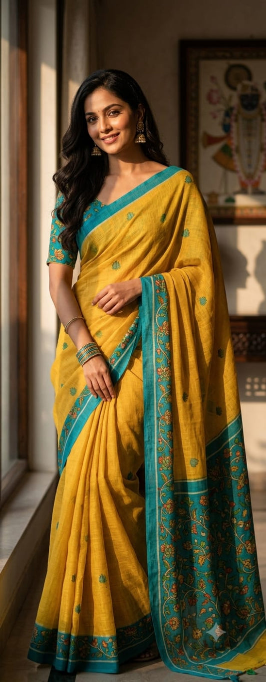 Pure Linen Cotton Kalamkari Pallu Saree – Sun Yellow & Teal Green