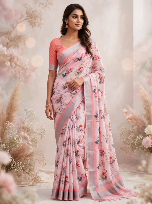 Premium Pure Linen Cotton Floral Print Saree