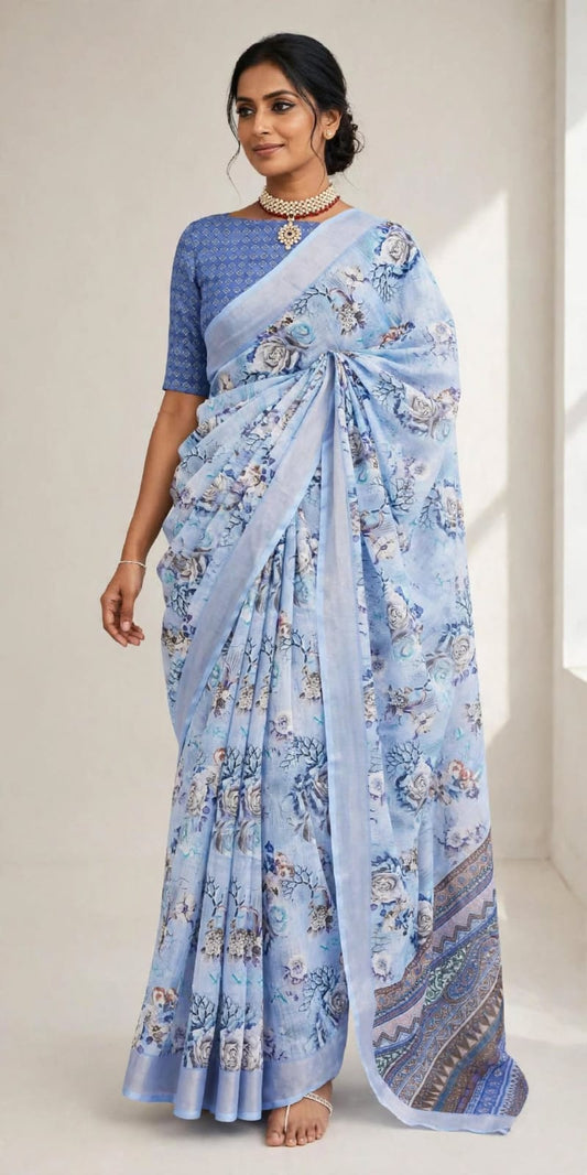 Pure Linen Cotton Floral Saree with Silver Border
