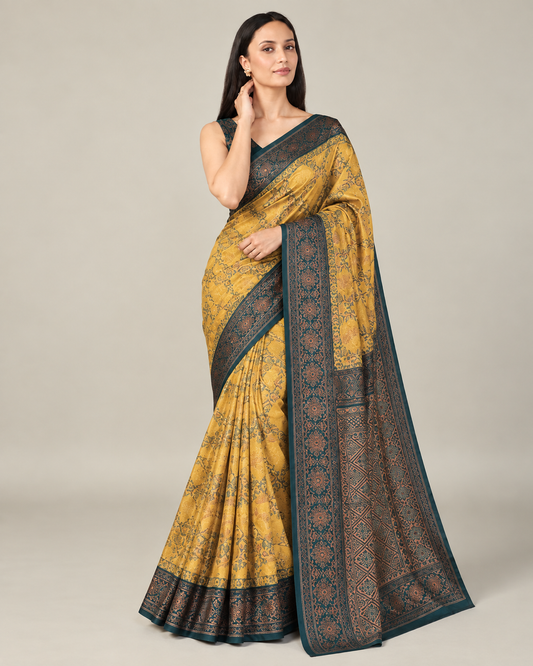 Mustard Teal Jacquard Silk Saree with Zari Border