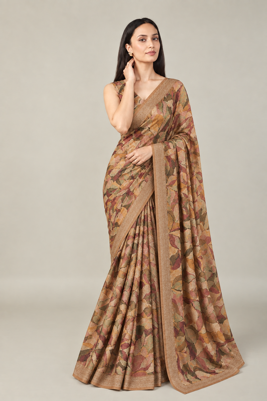 Premium Pure Linen Cotton Abstract Foliage Saree