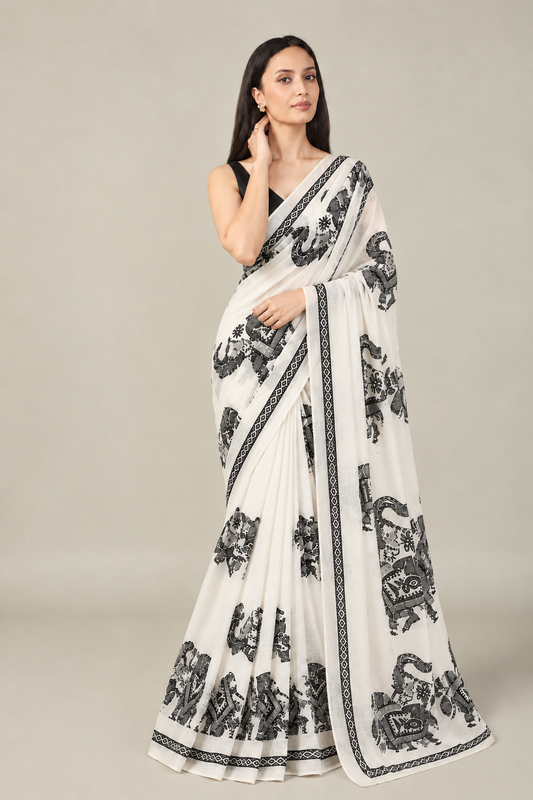 Pure Linen Cotton Madhubani Elephant Print Saree