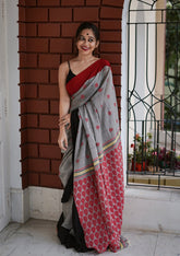 Women's Cotton Linen Blend Saree | Handloom Look Paisley Leaf Motif Ethnic Border Sari with Unstitched Blouse Piece | Festive, Formal & Casual Wear (Grey, Red & Black)