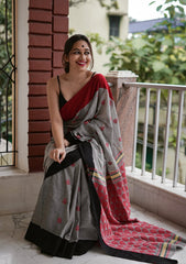 Women's Cotton Linen Blend Saree | Handloom Look Paisley Leaf Motif Ethnic Border Sari with Unstitched Blouse Piece | Festive, Formal & Casual Wear (Grey, Red & Black)