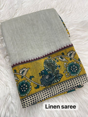 Women's Soft Linen Cotton Blend Saree | Traditional Hand-Block Kalamkari Printed Casual & Office Wear Sari with Unstitched Blouse Piece | Lightweight Daily Wear (Beige-Grey, Olive Green & Teal Blue)