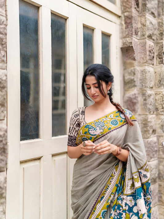 Soft Linen Cotton Kalamkari Print Saree