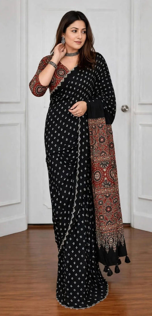 Black Bandhej With Ajarakh Pallu Real Mirror Saree For Women
