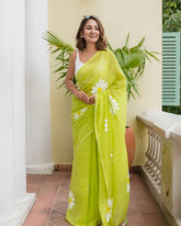 Women's Premium Linen Blend Saree | Elegant Lime Green Floral Daisy Hand-Painted Style Casual & Festive Sari with Unstitched Blouse Piece | Lightweight Party Wear (Chartreuse / Light Green)