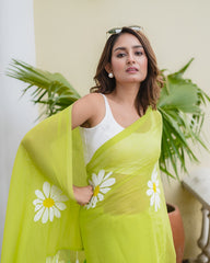 Women's Premium Linen Blend Saree | Elegant Lime Green Floral Daisy Hand-Painted Style Casual & Festive Sari with Unstitched Blouse Piece | Lightweight Party Wear (Chartreuse / Light Green)