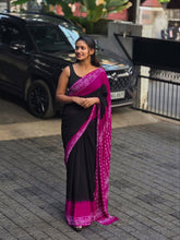 Women's Premium Pure Linen Cotton Saree | Traditional Handblock Batik Shanti Niketan Style Printed Casual Sari with Unstitched Blouse Piece | Luxury Lightweight Summer Wear (Charcoal Black & Magenta Pink)