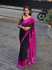 Women's Premium Pure Linen Cotton Saree | Traditional Handblock Batik Shanti Niketan Style Printed Casual Sari with Unstitched Blouse Piece | Luxury Lightweight Summer Wear (Charcoal Black & Magenta Pink)