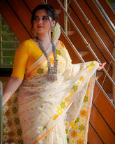 Women's Premium Organza Blend Saree | Elegant Traditional Jamdani Style Floral Print Casual & Festive Sari with Unstitched Blouse Piece | Lightweight Party Wear (White & Yellow-Orange)
