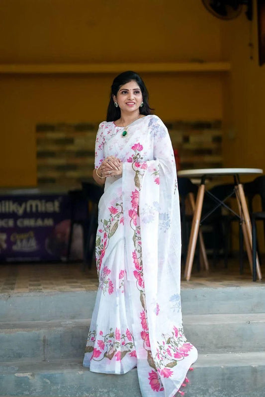 Pure Linen Cotton Lotus Floral Print Saree