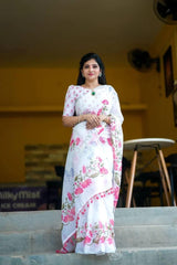Women's Premium Pure Linen Cotton Saree | Elegant Lotus Floral Vine Printed Casual & Festive Sari with Matching Unstitched Blouse Piece | Luxury Lightweight Summer Wear (Pristine White & Rose Pink)