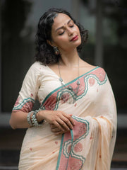 Women's Premium Linen Cotton Blend Saree | Elegant Cream Cream-White Traditional Block Border Printed Casual Sari with Unstitched Blouse Piece | Lightweight Daily Wear (Cream, Sea Green & Rose-Pink)