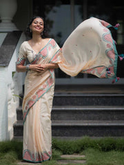 Women's Premium Linen Cotton Blend Saree | Elegant Cream Cream-White Traditional Block Border Printed Casual Sari with Unstitched Blouse Piece | Lightweight Daily Wear (Cream, Sea Green & Rose-Pink)