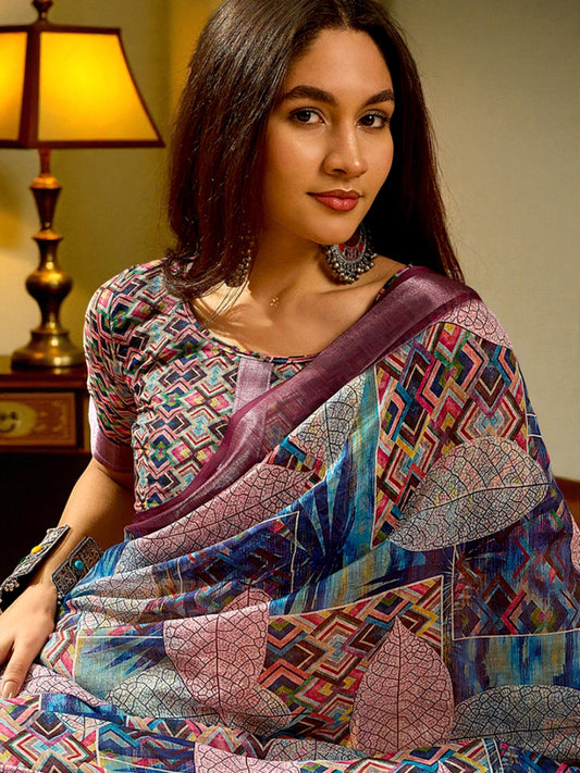 Premium Pure Linen Cotton Geometric Print Saree