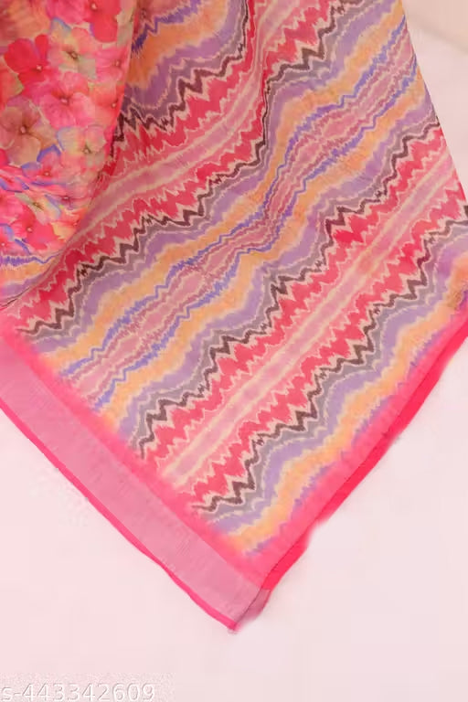 Premium Pure Linen Cotton Saree – Vibrant Bubblegum Pink Watercolor Floral & Chevron Digital Print Saree with Blouse Piece