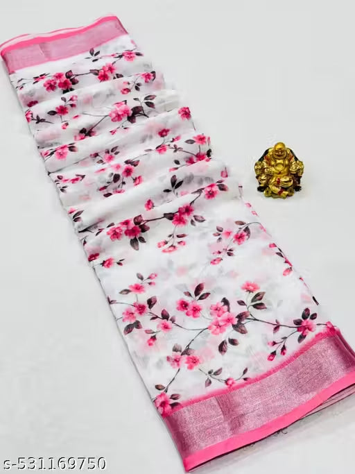 Pure Linen Cotton Floral Saree with Metallic Zari Border – Pearl White & Cherry Blossom Pink