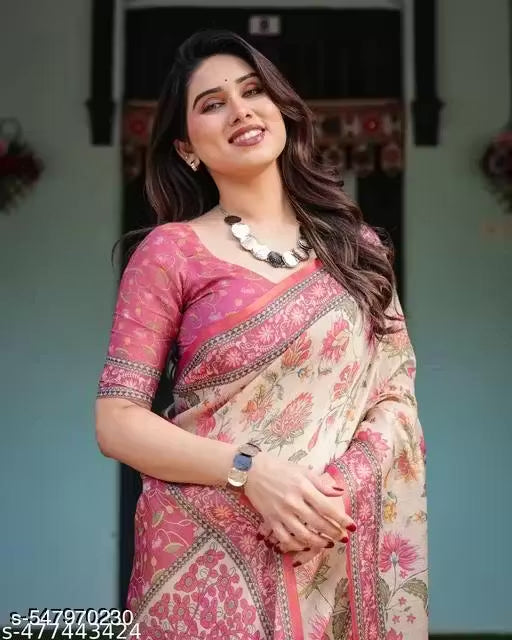 Pure Linen Cotton Floral Saree with Matching Blouse