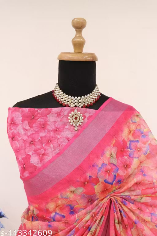 Premium Pure Linen Cotton Saree – Vibrant Bubblegum Pink Watercolor Floral & Chevron Digital Print Saree with Blouse Piece