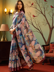 Premium Pure Linen Cotton Saree – Abstract Geometric & Leaf Digital Print Casual Festive Saree with Blouse Piece