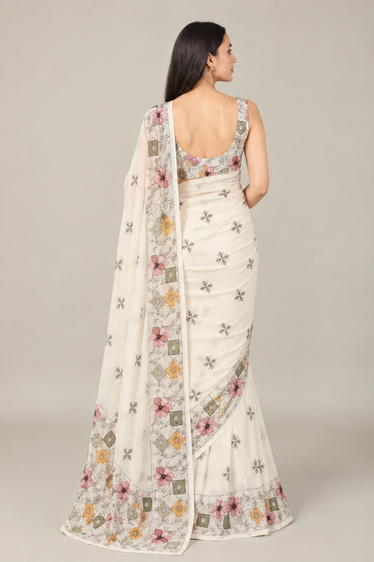 Pure Linen Cotton Floral Geometric Print Saree