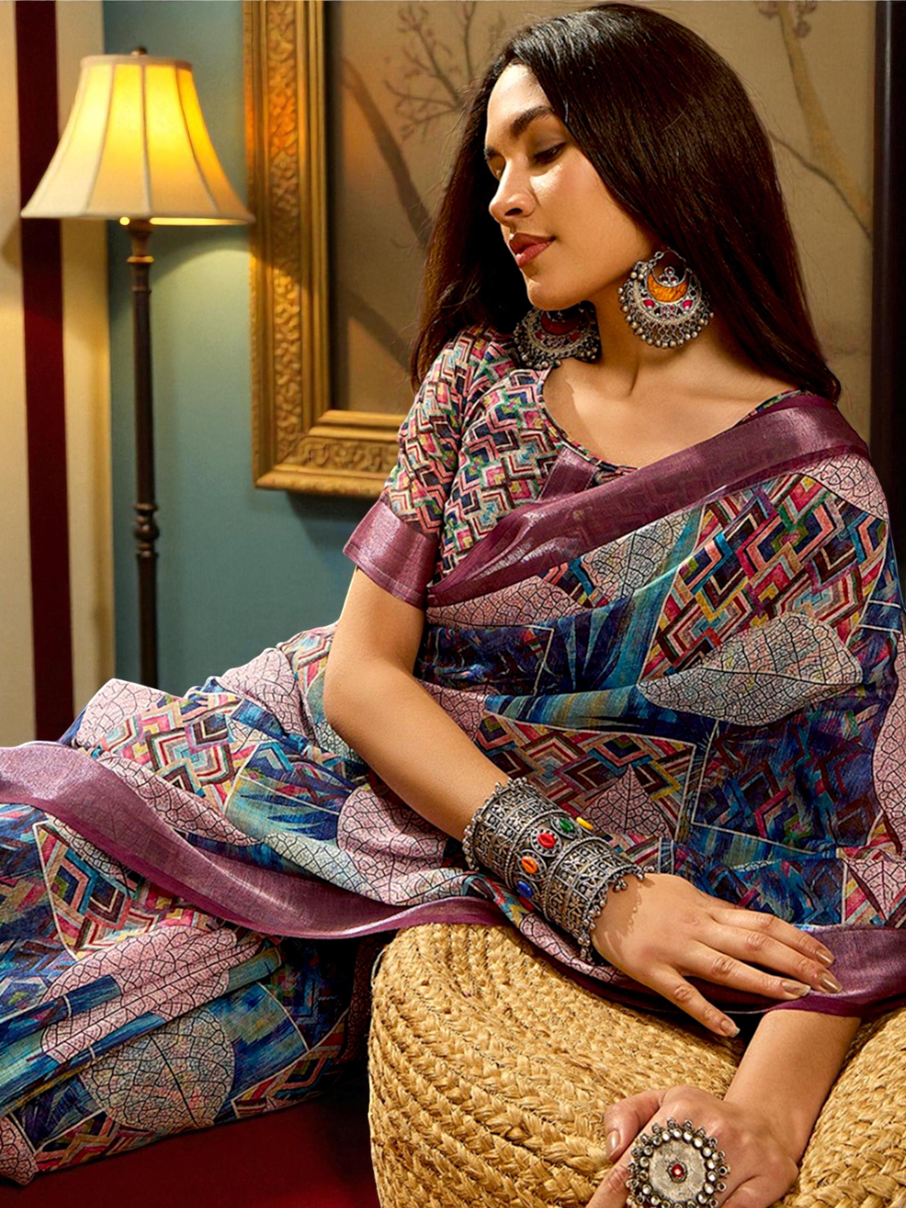 Premium Pure Linen Cotton Saree – Abstract Geometric & Leaf Digital Print Casual Festive Saree with Blouse Piece