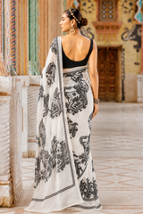 Pure Linen Cotton Madhubani Elephant Print Saree