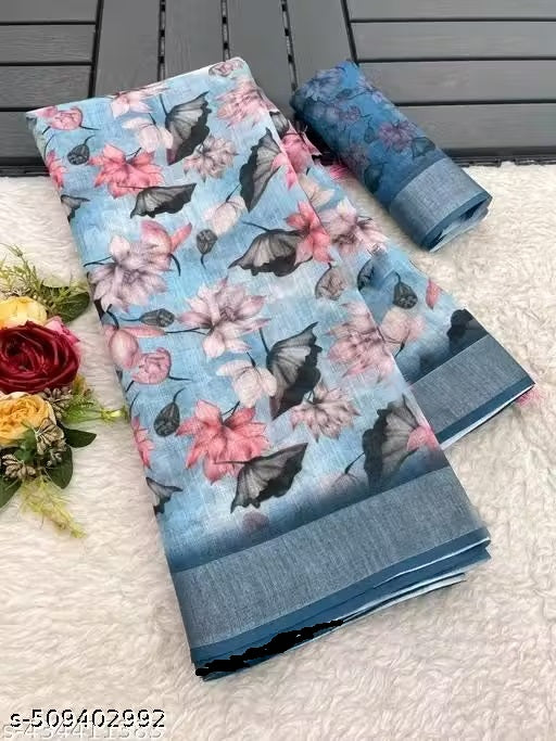 Pure Linen Cotton Floral Saree with Slate Blue Zari Border – Sky Blue & Lotus Pink