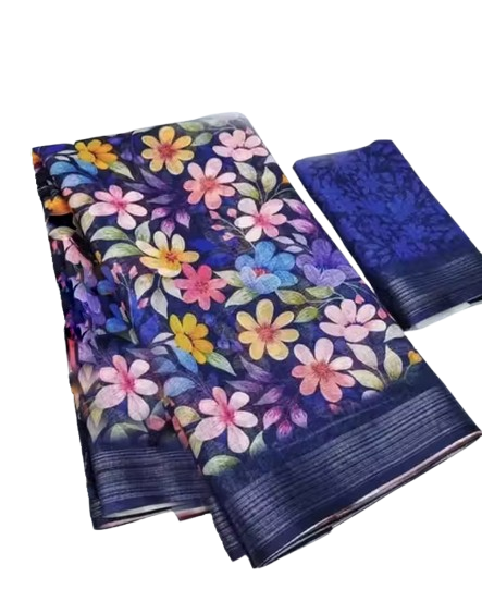 Pure Linen Cotton Multicolor Floral Saree with Blue Border