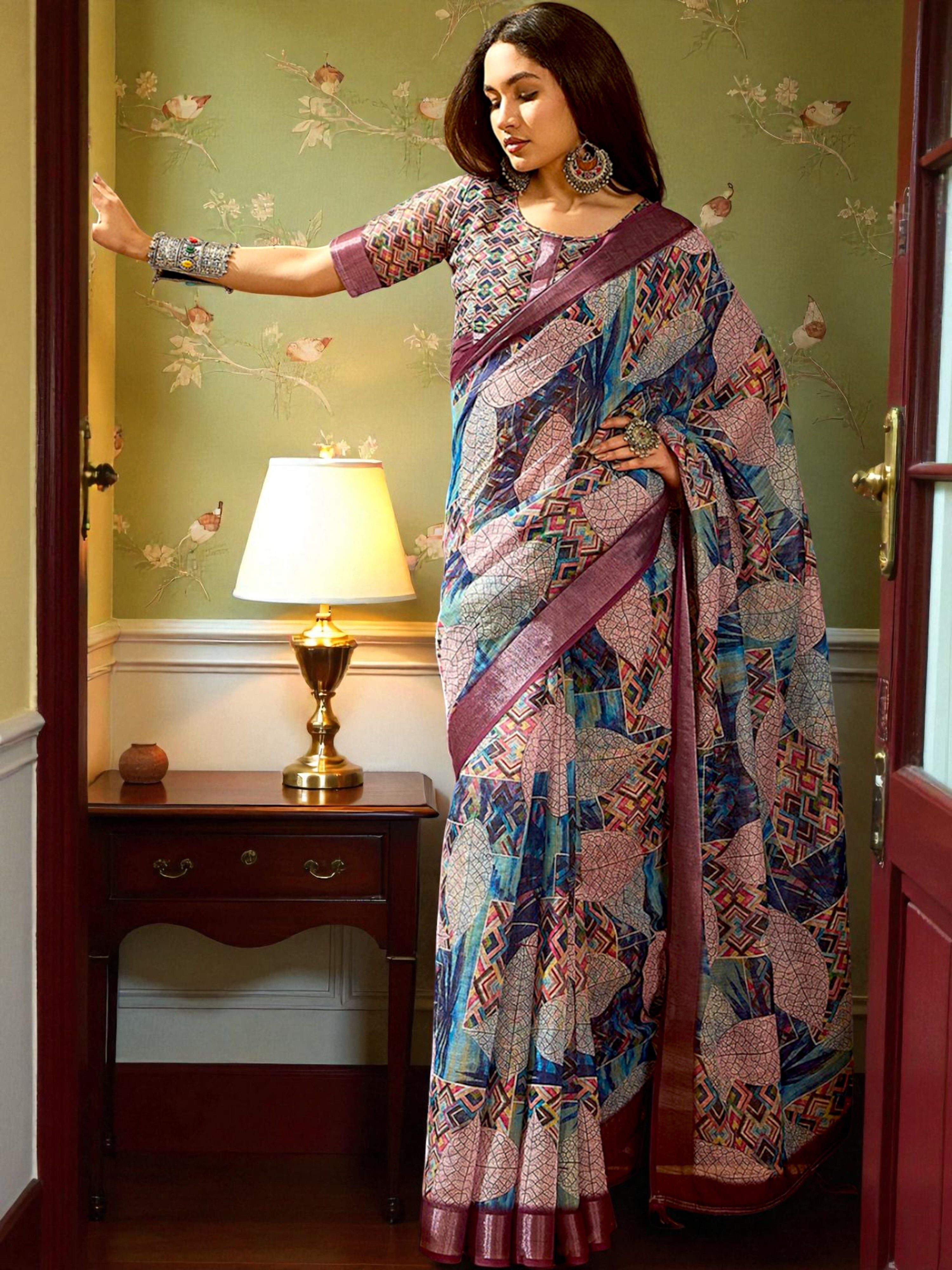 Premium Pure Linen Cotton Saree – Abstract Geometric & Leaf Digital Print Casual Festive Saree with Blouse Piece