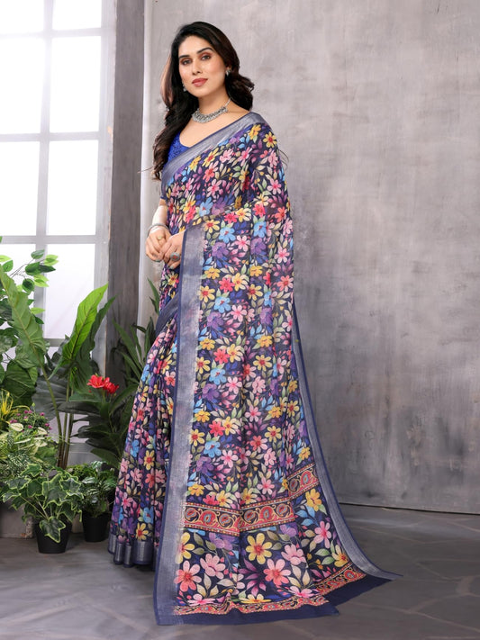 Pure Linen Cotton Multicolor Floral Saree with Blue Border