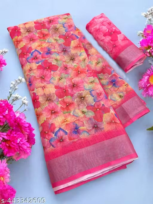 Premium Pure Linen Cotton Saree – Vibrant Bubblegum Pink Watercolor Floral & Chevron Digital Print Saree with Blouse Piece