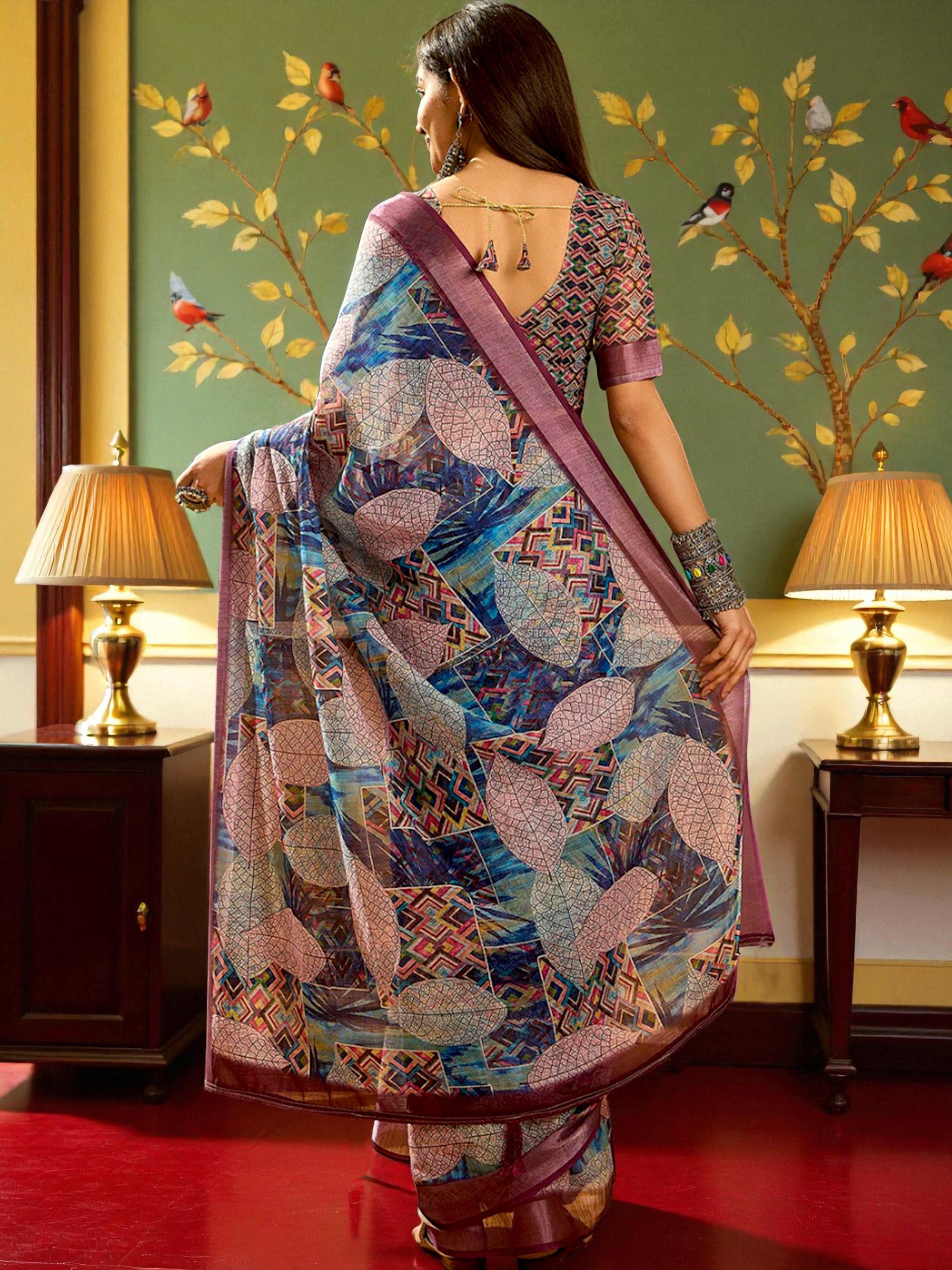 Premium Pure Linen Cotton Saree – Abstract Geometric & Leaf Digital Print Casual Festive Saree with Blouse Piece