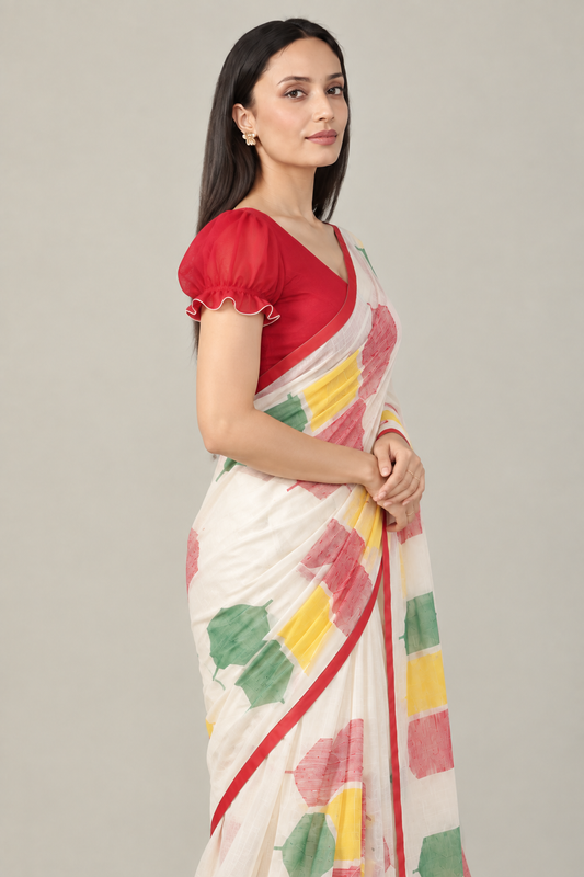 Pure Linen Cotton Geometric Block Print Saree