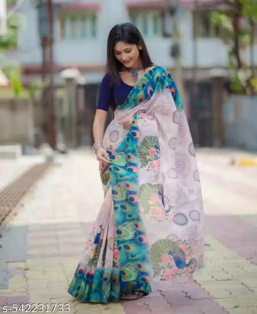 Pure Linen Cotton Saree with Peacock Feather Border