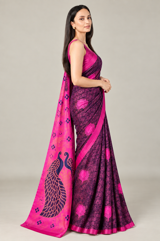 Deep Wine Rani Pink Jacquard Silk Peacock Saree