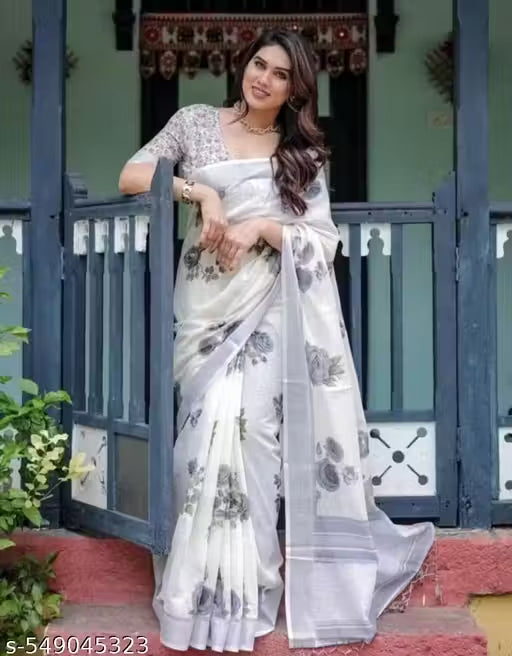 Pure Linen Cotton Vintage Rose Saree with Silver Metallic Border – Charcoal Gray & Soft Ivory