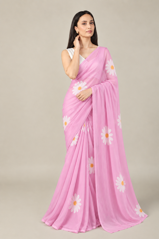 Linen Blend Floral Daisy Saree