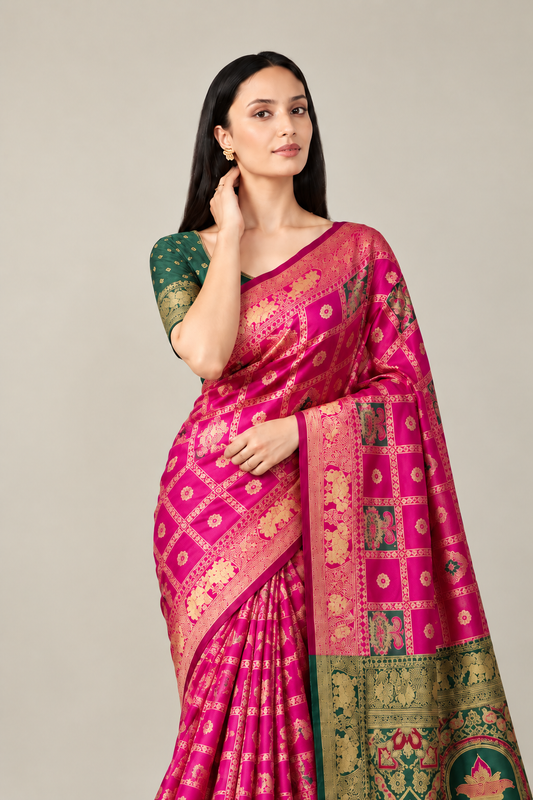 Rani Pink Green Jacquard Silk Elephant Saree