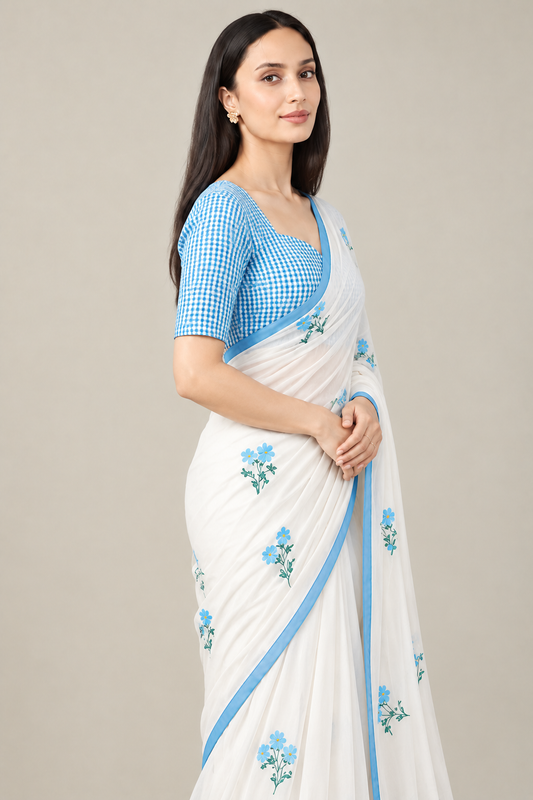 Pure Linen Cotton Floral Booti Print Saree