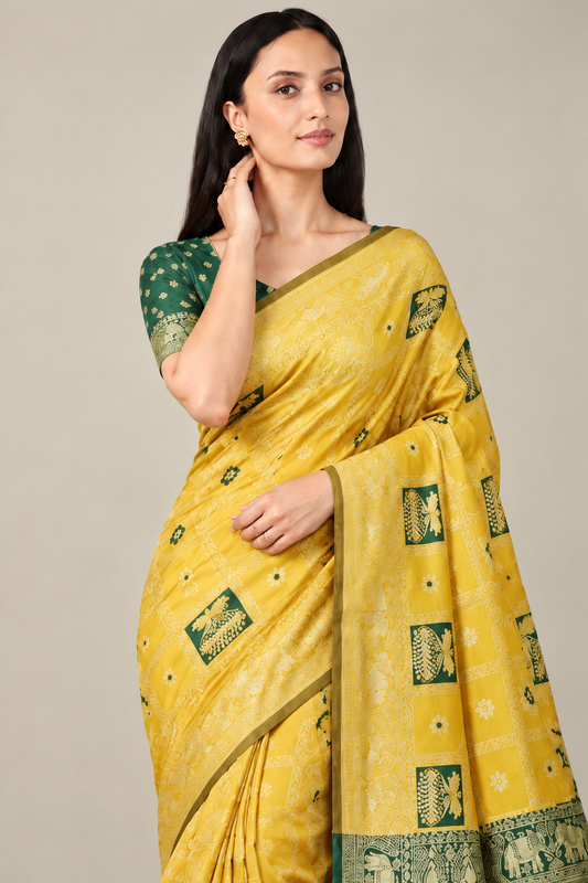 Golden Yellow Green Jacquard Silk Elephant Saree
