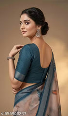 Premium Pure Linen Cotton Saree – Muted Beige-Taupe & Steel Blue Feather Digital Print Saree with Blouse Piece