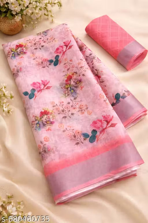 Premium Pure Linen Cotton Floral Print Saree