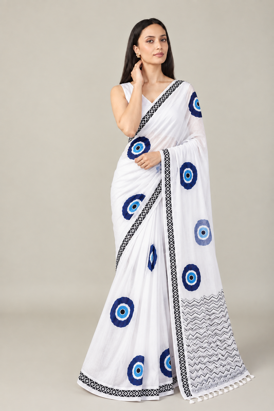 Pure Linen Cotton Evil Eye Print Saree with Pallu
