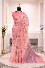Premium Pure Linen Cotton Saree – Baby Pink Watercolor Floral & Lavender Striped Digital Print Saree with Blouse Piece